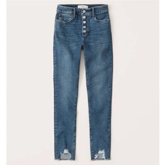 Abercrombie & Fitch Button Fly High Rise Super Skinny Raw Chewed Hem Ankle Jeans